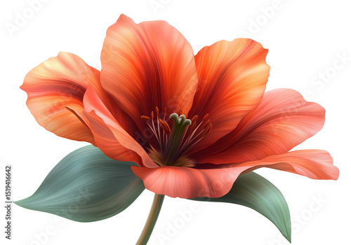 Magnificent Open Orange Flower with Stem and Leaves on a Transparent PNG File