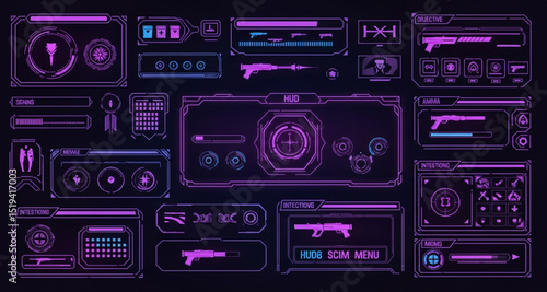 Futuristic HUD Interface Design Elements with Purple and Blue UI | Vector Set of Scifi Cockpit Screens for Game Development, Technology Concepts and Space Exploration Visuals