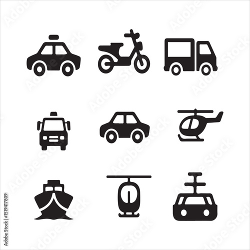 A set of black and white vector icons depicting various transportation vehicles, including a car, motorcycle, truck, van, helicopter, and ship vector art on white