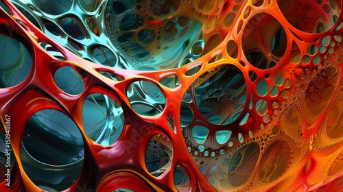 Abstract Red Orange Teal Organic Structure Digital Art Modern Design Background Texture Pattern Shiny Glossy Vivid Colors 3D Render Fractal Art Detailed Intricate Design High Resolution Image Perfect 