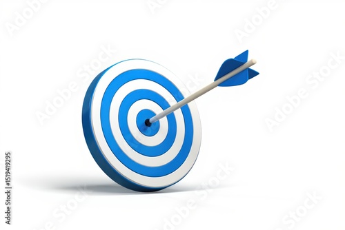 blue and white archery target with an arrow perfectly hitting the bullseye on a white background symbolizing precision and success