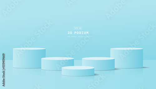 Empty clean studio room with five realistic blue 3d cylinder podium pedestal for product display stand. Minimal scene for cosmetic mockup. 3d vector geometric platform. 3d stage vector rendering.