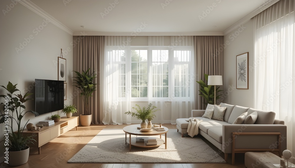Fototapeta premium Scandinavian living room with sunlight through sheer curtains, soft textures, indoor plants, and wooden furniture