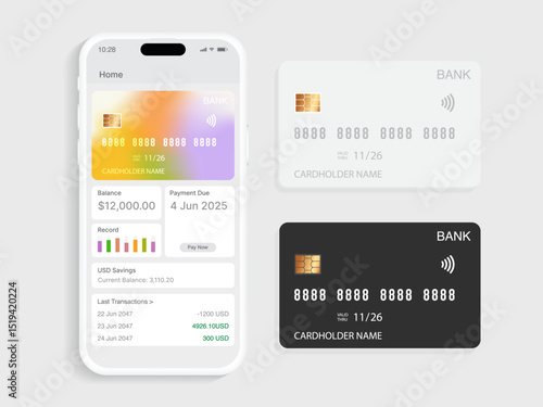 Online Banking App Interface Design – Mobile Wallet UI UX GUI Set with Credit Cards, Account Balance, Transaction History, and Financial Dashboard Vector Illustration