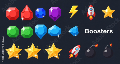 Game Boosters Icons Set with Jewels, Stars, Rocket and Bomb | Colorful Game Assets for Mobile Games, App Design, and UI Elements