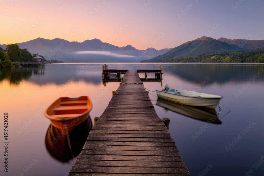 Obraz premium peaceful lake at sunrise with wooden pier extending into calm water, two small boats floating nearby, surrounded by mountains and soft pastel sky