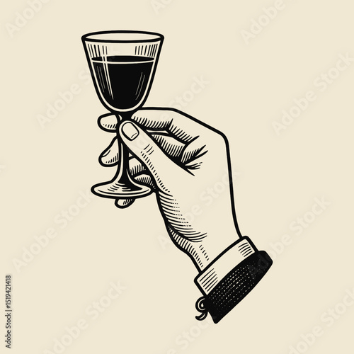 Hand holding liqueur glass engraving vector illustration

