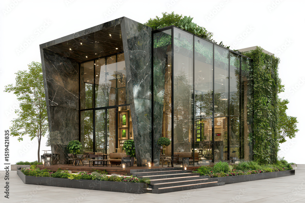 Fototapeta premium Modern Architectural Harmony: A captivating modern building seamlessly blends natural elements with innovative design, featuring glass walls that reflect the surrounding environment.