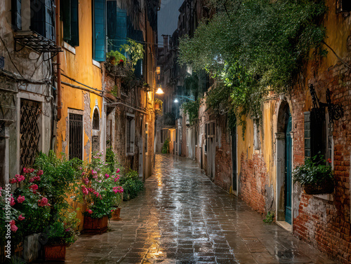 Venetian Serenade: An evocative snapshot of a narrow Venetian street under the cloak of twilight. The cobblestones glisten with recent rainfall.