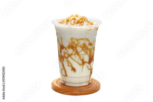 Ice Vanilla milk put on wooden plates on white background and isolate photo style.