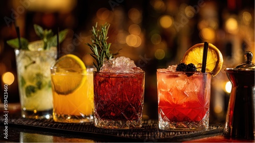 Variety of mixed cocktails sit on a dark bar with garnishes during the evening, ready to be enjoyed at a party