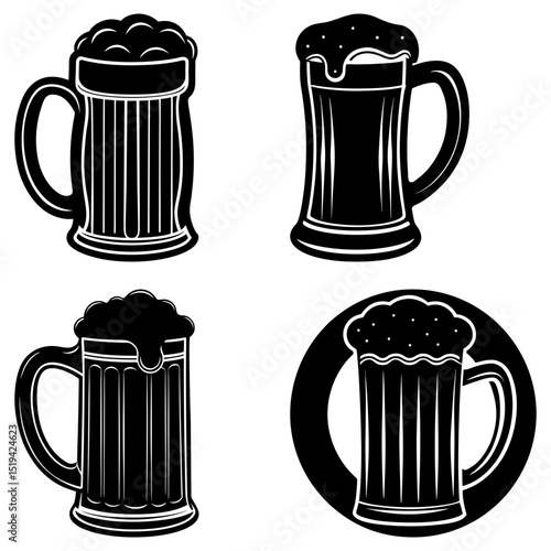 Collection of four monochrome beer mugs with foam overflowing in various shapes and styles vector design
