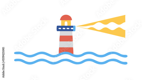 Vibrant lighthouse guiding ships with bright beams on a calm ocean water background in a digital illustration