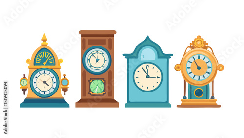 Vintage clocks displayed in a row showcasing unique styles and intricate designs during afternoon light