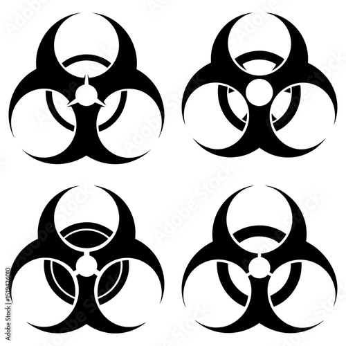 Four biohazard symbols arranged in a square pattern with black silhouettes on a white background design element