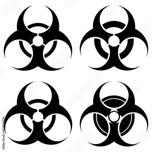 Four biohazard symbols in black and white displaying biological risk and potential contamination threat warning
