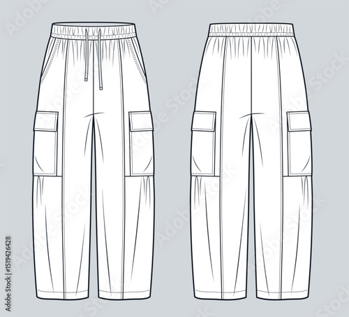 Cargo Pants Technical Fashion Illustration. Wide Leg Pants fashion flat technical drawing template, pockets, drawstring, loose fit; front and back view, white, women, men, unisex CAD mockup.