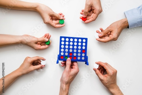 Wallpaper Mural Several hands holding red, white, and green game pieces around a blue vertical game board on a white surface, depicting a casual gaming moment Torontodigital.ca