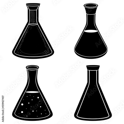 Four conical flasks with different contents in black and white science lab glassware illustration style