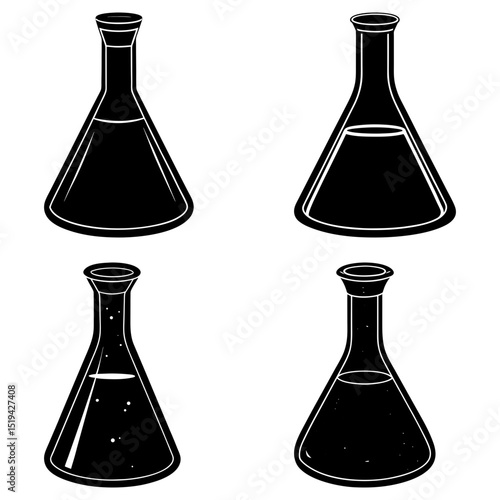 Four conical flasks filled with liquid in a black and white illustrated science laboratory experiment theme