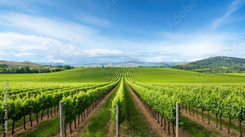 Wallpaper Mural Lush Green Vineyard Landscape Under Clear Blue Sky with Rolling Hills and Perfect Rows of Grapes Torontodigital.ca