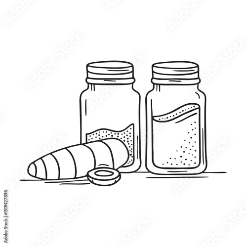 A turmeric root close to a group of spice jars
