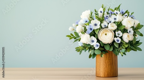 Elegant Floral Arrangement in Wooden Vase with White and Blue Flowers on Soft Pastel Background