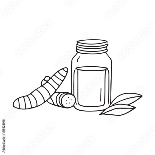 A turmeric root near several spice jars