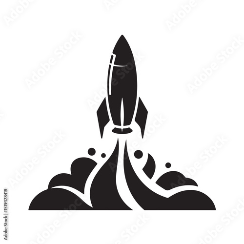 Bold Black Vector Rocket Launching into the Sky for Innovation and Progress Themes