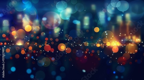 Abstract Bokeh Background Festive Sparkling Lights Colorful Circles Night Cityscape Blurred Urban Scene Glowing Design Elegant Shimmering Texture Vivid Colors Bright Illumination Dark Blue Background 