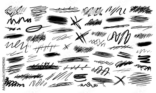 Doodle shapes, crayon scribbles, grunge lines, rough brush strokes, charcoal pen strokes, crosses, curves, freehand shapes, typography scribbles, vector illustration, underlines.