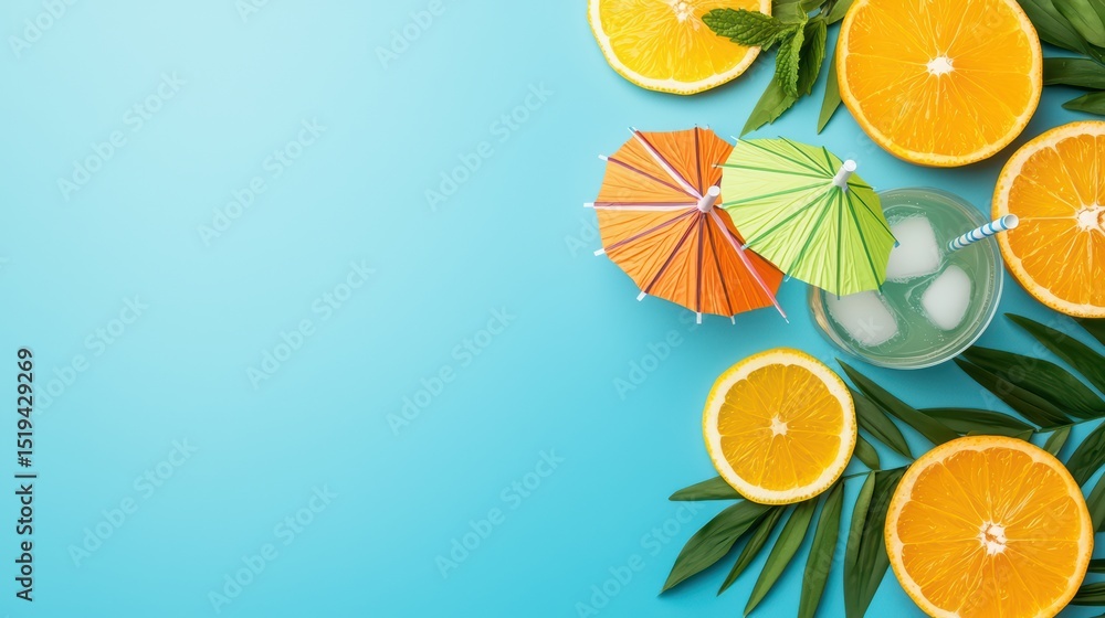Refreshing Tropical Drink with Umbrellas Surrounded by Fresh Oranges and Green Leaves on a Bright Blue Background Refreshing Tropical Drink with Umbrellas Surrounded by Fresh Oranges and Green Leaves on a Bright Blue Background