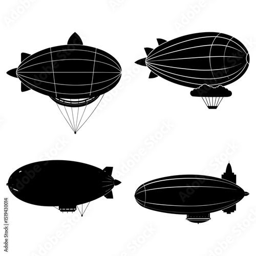 Illustration of four black and white airships with different designs and details on a white background