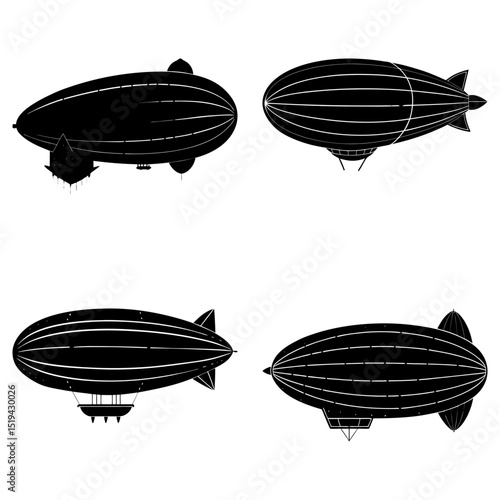 Four silhouette illustrations of vintage airships with gondolas and tail fins in a pattern