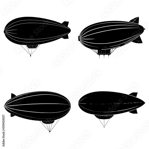 Four black and white illustrations of airships with gondolas in a vintage style arrangement design