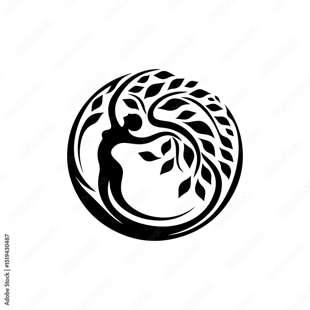 Obraz premium Stylized vector logo Tree of Life symbol encircled with flowing branches and roots. Nature concept