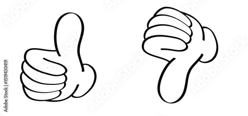Cartoon thumbs up. Do and Don't or like and dislike symbols. Yes and no button with thumbs up and thumbs down. Gesture hand drawn