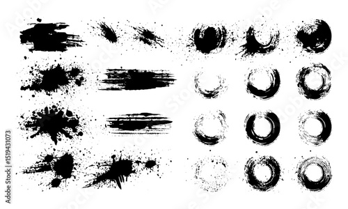 Grungy paint brush strokes, ink splatters, smears, stains, dry brush marks, ink paint splashes, rough round frames, blot drops, artistic splashes, vector illustration, abstract ink art.