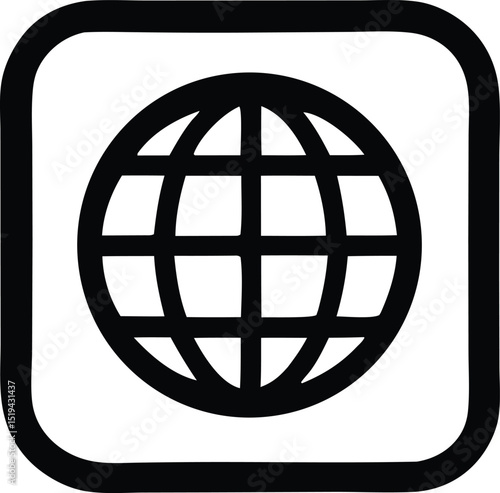 Bold black globe icon inside a square frame a simple global network symbol