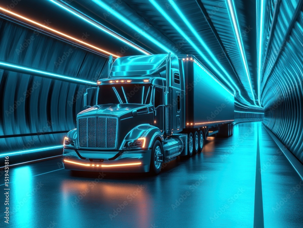 Futuristic semi truck in neon tunnel Futuristic semi truck in neon tunnel