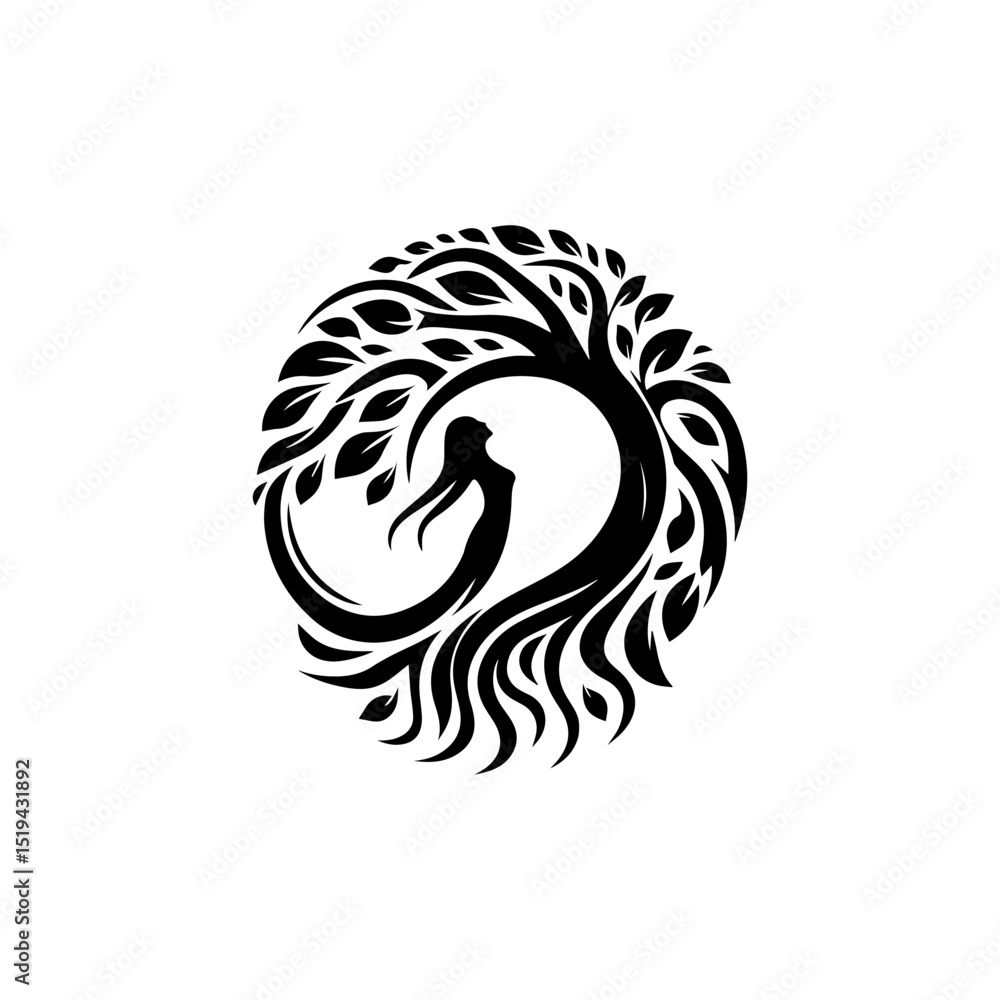 Fototapeta premium Elegant tree of life vector symbol with flowing branches and roots creating a harmonious circular shape 