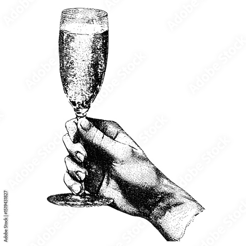 Hand holding champagne glass, vintage stippled photocopy texture, New Year's Eve party, retro graphic collage, disco party element, vector illustration, celebration, party decor, festive design.