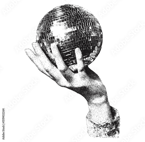 Hand holding retro disco ball with vintage stippled texture, New Year's Eve graphic, vector illustration, retro party decor, vintage artwork, disco party design, 1970s inspired style.