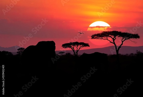 Fototapeta Naklejka Na Ścianę i Meble -  African wildlife silhouettes against a sunset safari landscape,  grassland,  element
