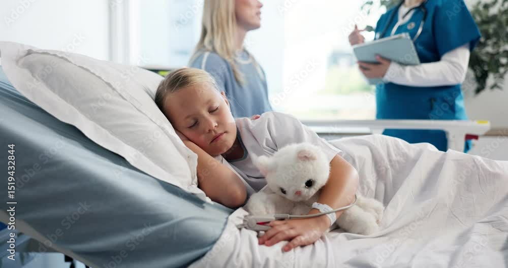 Hospital bed, sleeping and child with mom and nurse talking for surgery, diagnosis and treatment. Healthcare, pediatrics and mother speaking to health worker for medical service, results and recovery Hospital bed, sleeping and child with mom and nurse talking for surgery, diagnosis and treatment. Healthcare, pediatrics and mother speaking to health worker for medical service, results and recovery