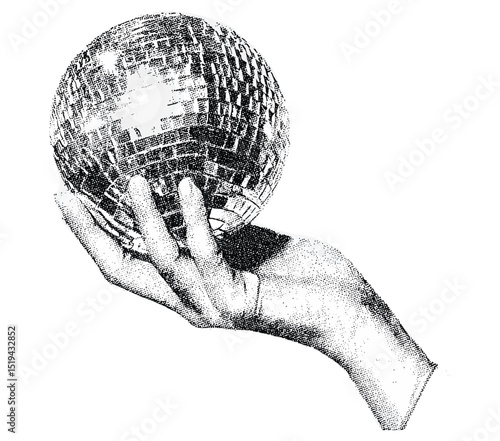 Hand holding disco ball with vintage stippled texture, retro New Year's Eve party graphic, collage element, vector illustration, 1970s style, disco party, retro design, vintage artwork.
