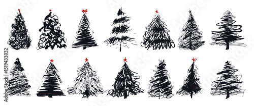 Handdrawn doodle christmas tree, cute sketchy pine, rough charcoal pencil fir, childish scratchy drawing, vector illustration, holiday design, festive decor, xmas artwork, pine tree drawing.