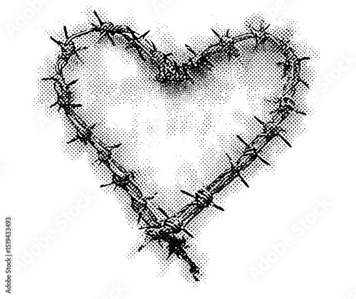 Vector illustration of heart shaped barber wire with halftone stipple effect, grunge punk y2k style, grainy photocopy texture, experimental retro banner, dotted collage design.