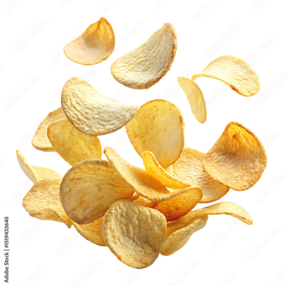 Crispy potato chips falling isolated on a white background png Crispy potato chips falling isolated on a white background png