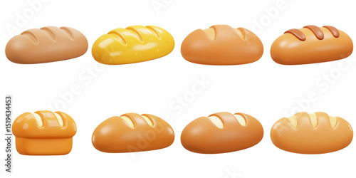 A delightful assortment of 3D rendered bread loaves each bursting with warmth and character against a stark black